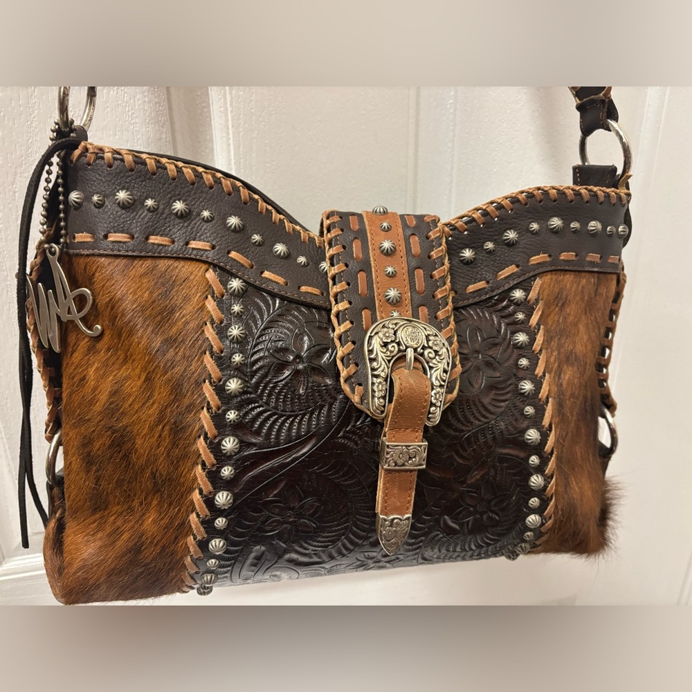 American West Vintage Studded Crossbody Messenger Leather Women Bag - Picture 6 of 16